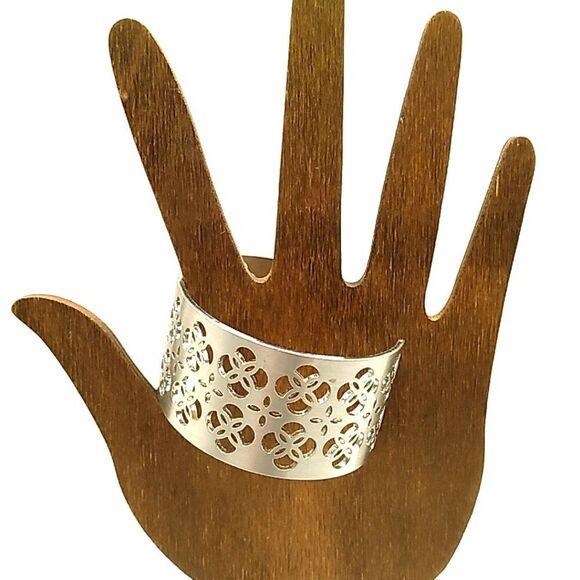 Silver-tone Wide Laser Cut Cuff Bracelet - Picture 3 of 7